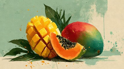  Watercolor mango and pineapple on green background with splashed paint