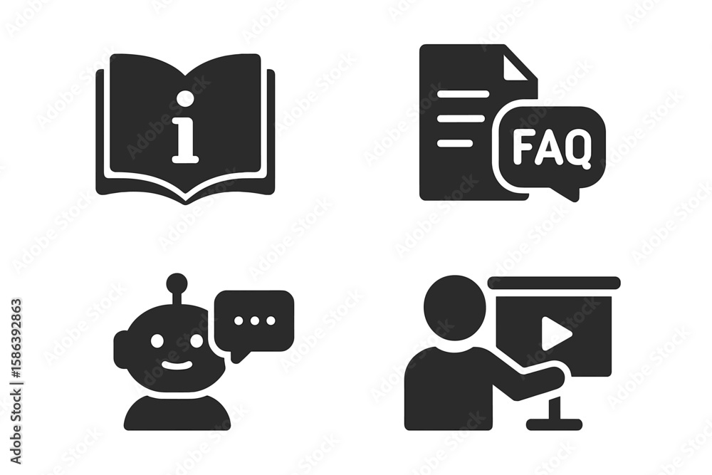 Poster comprehensive information and support icons set – help center, documentation, knowledge base, book, 