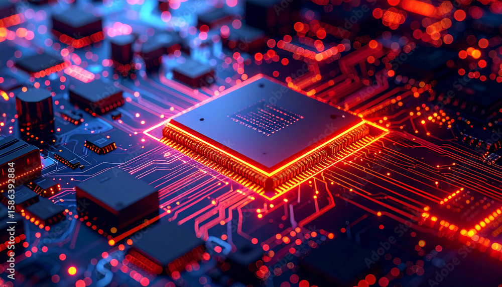 Poster futuristic microchip: a close-up view of a high-tech microchip, glowing with vibrant light and intri