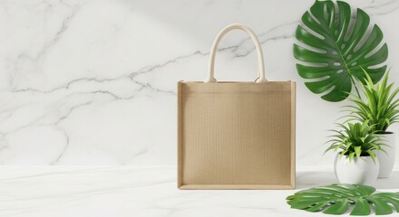 A natural jute tote bag displayed with tropical plants on a marble surface
