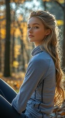 Blonde woman sits outdoors, long hair cascading down, autumn leaves blurred in background