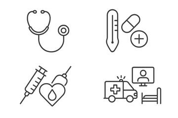 Modern Medical and Healthcare Line Icon Set – Stethoscope, Thermometer, Syringe, Pill, Medicine, Emergency Cross, Heart, Blood Donation, Ambulance, Hospital Bed, Telemedicine – Vector Illustration
