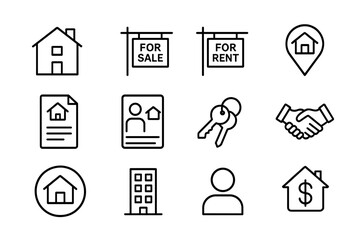 Real Estate Icon Set – Simple Line Icons for Property Sale, Rent, Agency Websites and Apps, Transparent PNG and Vector Illustration Collection