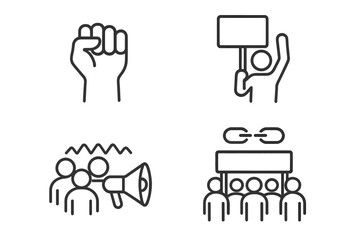 Protest and activism line icon set. Civil rights demonstration vector symbols. Clenched fist, protester with placard, crowd with megaphone, broken chain for freedom march.