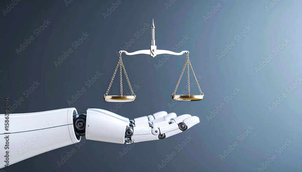 Poster robotic hand holding scale: an advanced robotic hand, symbol of technology and artificial intelligen
