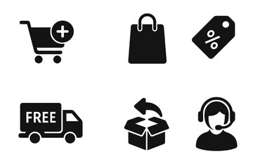 Comprehensive Online Shopping Glyph Icon Set – Add to Cart, Shopping Bag, Discount Tag, Free Shipping Truck, Product Return, Customer Support, E-Commerce Vector Pictograms, Black Silhouette Collection