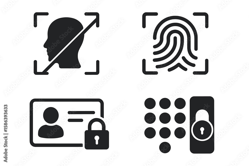 Aufkleber security access glyph icon set. biometric authentication pictograms for user recognition and clearan