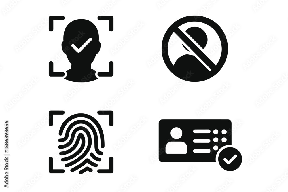 Poster security access control glyph icon set. biometric authentication pictograms. face recognition, finge
