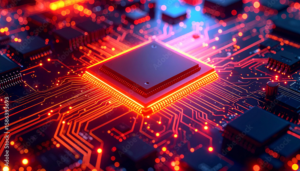 Poster crimson circuitry: highlighting a microchip with vibrant, intricate pathways illuminated in crimson 