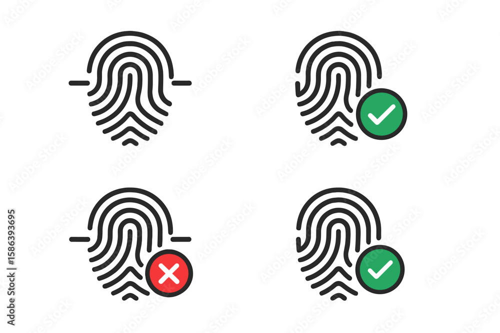 Poster fingerprint scan icon set. thumb print symbol with approved and denied signs. biometric security che