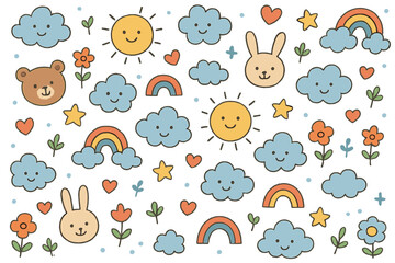 Cute Cartoon Seamless Pattern for Kids with Smiling Clouds, Sun, Rainbow, Bear, Bunny, Hearts, Stars, and Flowers on White Background, Playful Nursery Wallpaper, Vector Illustration
