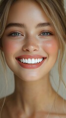 Close-up portrait of a smiling young woman with radiant skin and bright eyes.  Her light brown hair is styled simply, enhancing her natural beauty