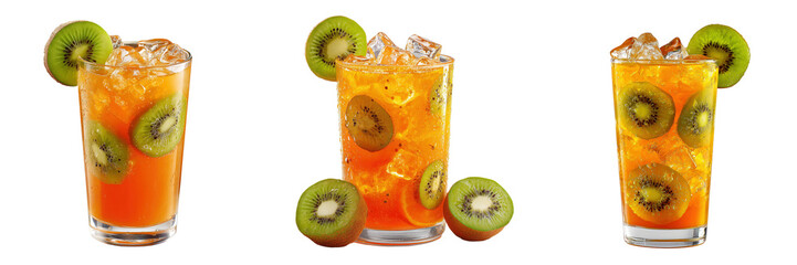 Set of Orange beverage with ice and fresh kiwi slices shown on a clean transparent background