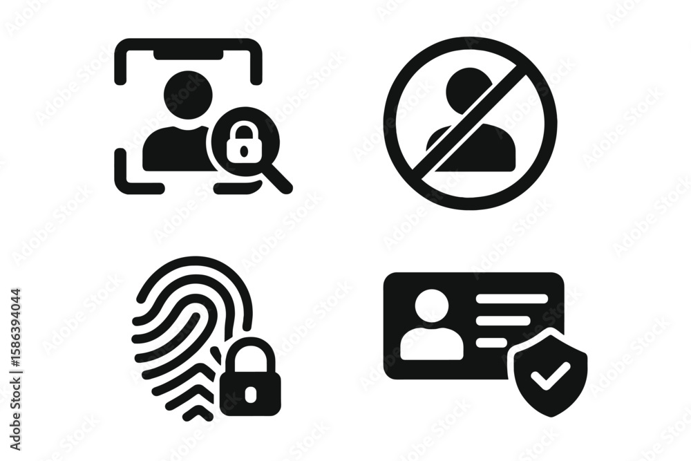 Poster access control and identity verification glyph icon set. vector pictograms of biometric recognition,