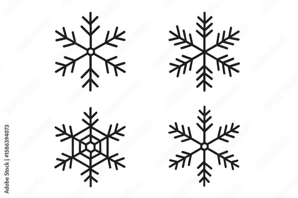 Poster winter snowflake icon collection. set of 4 simple geometric snow flake symbols. vector line art for 