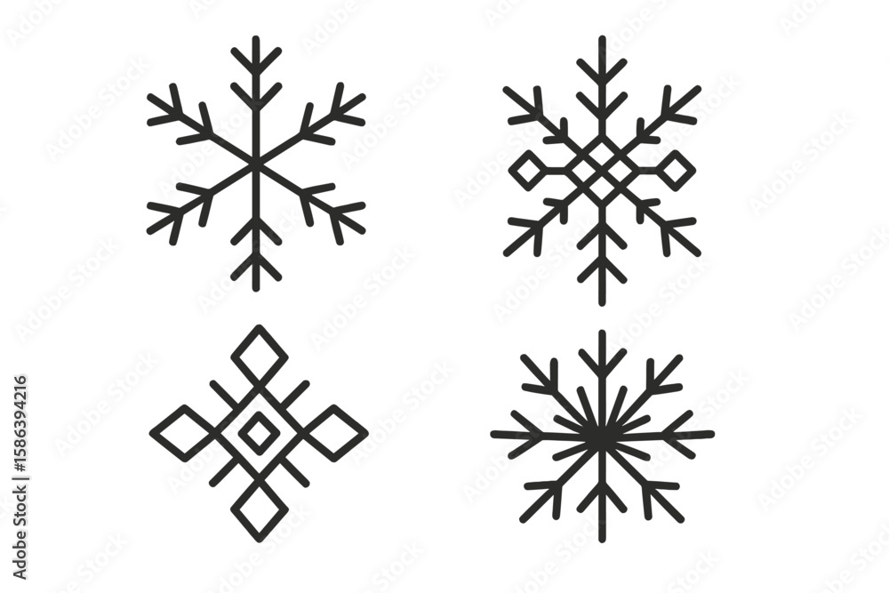 Poster minimalist snowflake line icon set of 4 – abstract vector pictograms featuring thin linear, twig-lik