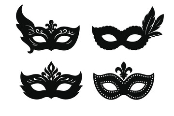 Elegant Masquerade Masks Vector Set for Mystery, Disguise, Party, Carnival, Festival, Theatrical Performance, Costume Ball, Venetian Event, Black Silhouette Illustration on Transparent Background