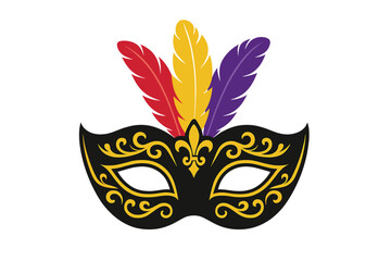 Elegant Carnival Masquerade Mask with Feathers. Black and Gold Decorative Party Mask for Mystery, Disguise, Costume Ball, Festival, Theatrical Performance, Mardi Gras, Vector Illustration