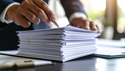 Analyzing Legal Documents: Focused view of a man's hands poised above a towering stack of legal documents. Capturing a sense of diligence and the weight of the task at hand.