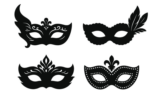 Elegant Masquerade Masks Vector Set for Mystery, Disguise, Party, Carnival, Festival, Theatrical Performance, Costume Ball, Venetian Event, Black Silhouette Illustration on Transparent Background
