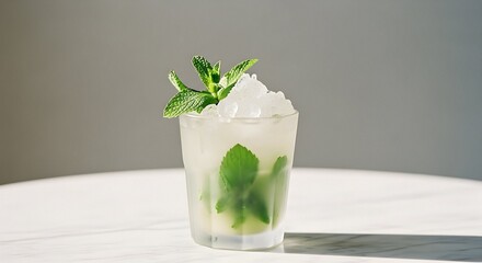 Refreshing Cocktail with Mint and Crushed Ice on White Table