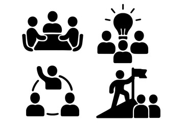 Business Teamwork and Collaboration Icon Set — Four Black Vector Glyph Pictograms Depicting Leadership, Communication, Brainstorming, Meetings, Success, and Networking Concepts for Corporate Design