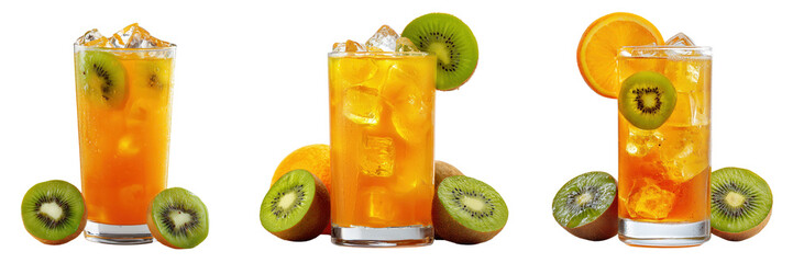 Set of Refreshing orange beverage with ice and kiwi slices isolated on a transparent background