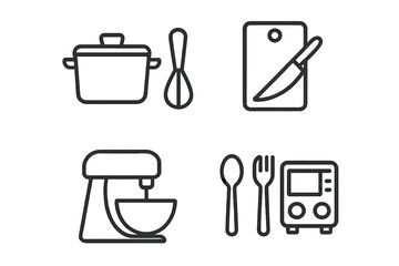 Cooking and kitchen utensil line icon set. Food preparation tools, cookware, saucepan, whisk, bowl, knife, chopping board, mixer, spoon, fork, and appliances vector pack.
