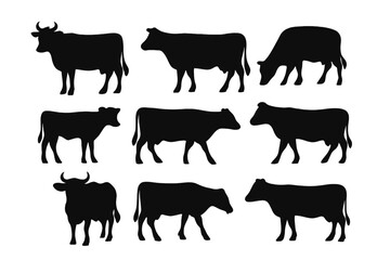 Cow silhouettes set. Farm animal collection for agriculture, dairy, and beef branding. Livestock and cattle vector icons for farm-themed designs. Isolated on white background.