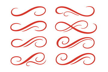 Set of red elegant swash tails for sports design. Vector graphic decorative flourishes and calligraphy curves. Perfect for creative text borders, invitations, and branding.