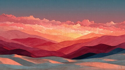   Sunset mountain range painting - Pink & Blue distant mountains, starry sky