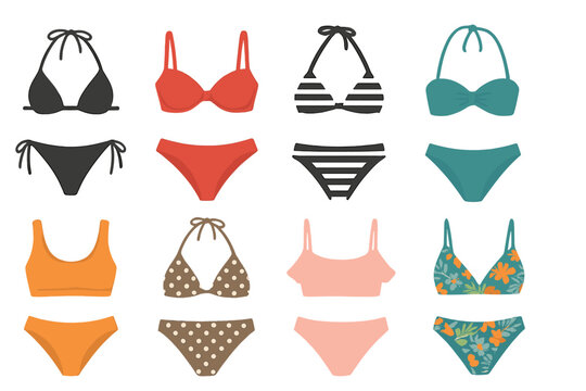 Bikini Swimsuit Collection Vector Set – Trendy Women’s Swimwear Styles, Fashionable Two-Piece Beach Outfits, Editable Clipart for Apparel Design and Summer Clothing Concepts