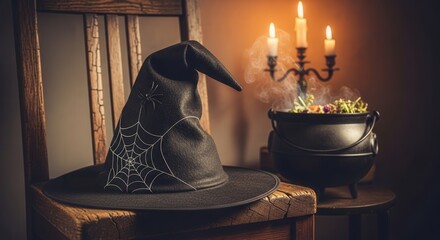 Spooky witch hat with spiderweb on chair beside smoking cauldron with candles for Halloween