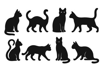 Elegant Black Cat Silhouette Vector Collection on White Background, Assorted Sitting and Walking Cat Poses, Stylish Pet Animal Clipart, Isolated Feline Silhouettes for Design, Transparent PNG