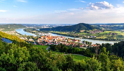 Obraz premium Panoramic view of a river town