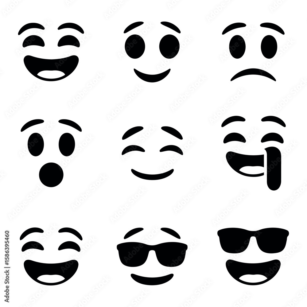 Poster expressive faces icons set a collection of emotions and reactions conveyed through simple designs re
