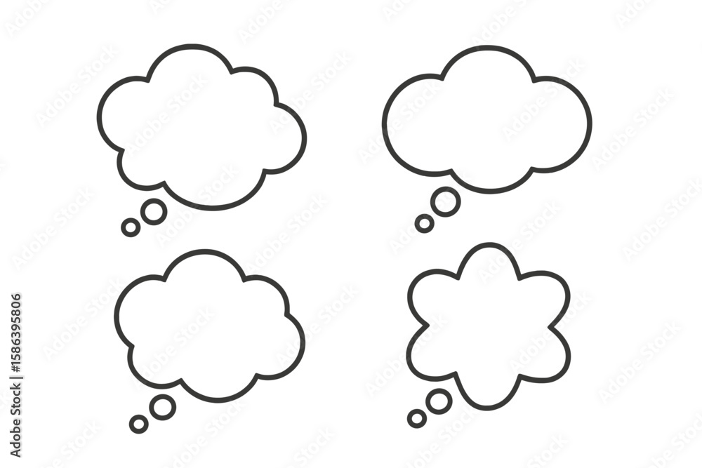 Poster thought bubble vector set – multiple cloud-shaped thinking bubbles outline icons for brainstorming, 