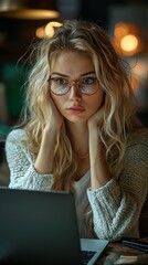 Blonde woman with glasses, rests chin on hands, sits at laptop