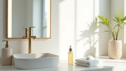 Fototapeta premium Sunlit Minimalist Bathroom Counter with Skincare Bottles and Clean Towels – Modern Lifestyle Interior