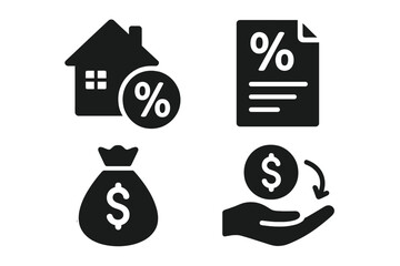 Finance and Loan Icon Set – Mortgage, Interest Rate, Loan Agreement, Money Bag, Repayment, Banking, Credit, Black Silhouette Vector Collection for Financial Services and Banking Concepts