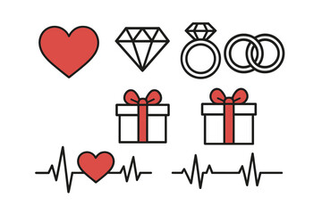 Romantic Vector Icon Set: Heart Symbol, Diamond Gem, Engagement Ring, Wedding Bands, Gift Box with Bow, Heartbeat Line &ndash; Love, Marriage, Valentine&rsquo;s Day, Wedding, Anniversary, Celebration