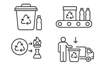 Plastic Recycling Process Line Icons Set. Vector Pictograms of Waste Sorting, Conveyor Belt, Sustainability, Reuse, Energy Recovery, Thermal and Chemical Recycling, Collection Bin, Truck Logistics