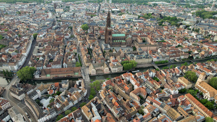 Panoramic aerial of the old town and the cathedral of the city Strasbourg in France on a sunny afternoon in summer