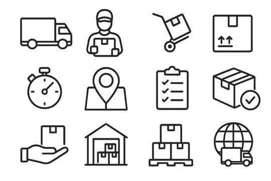 Logistics and delivery service line icon set. Shipping, transport, and supply chain symbols. Warehouse, package tracking, courier, and freight distribution vector icons.