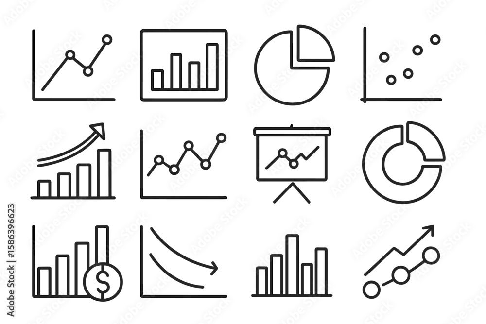 Poster chart and graph line icon set. business data visualization pictograms. infographic elements for anal