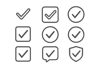 Check mark line icon set. Tick symbols for voting, acceptance, approval, and verification. Yes button for correct answer, checklist, survey, and agreement. Outline vector UI UX icons.