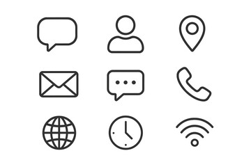 Contact us vector line icon set. Communication symbols for business: phone, email, message, chat, location, user, web. Outline pictogram illustration for web and mobile UI.