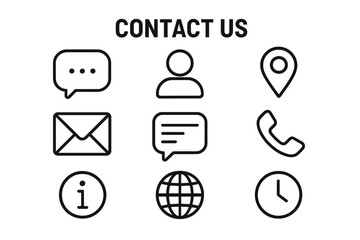 Contact us line icon set. Simple outline pictograms for business website support. Vector symbols for chat, user, address, email, phone, message, info, web, and time.