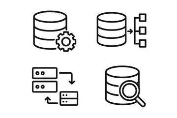 Data analysis and database management icon set. Thin line icons for data processing, optimization, server storage, digital information transfer, and big data search.