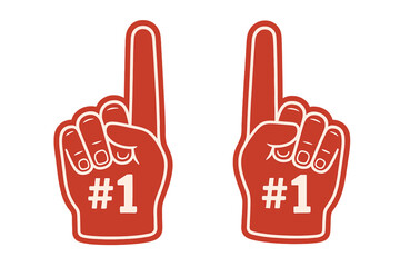 Set of two red foam fingers with number one sign. Fan merchandise for supporting a sports team. Symbol of being a winner, champion, and first place. Vector illustration.